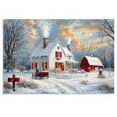 Cozy Winter Painting of Snowy White House with Red Barn, Horse Wagon, and Glowing Lights at Sunset in Countryside on Ready to Hang 1.5" Thick Canvas Wrap, Floating Framed Canvas, Flat Rolled Canvas